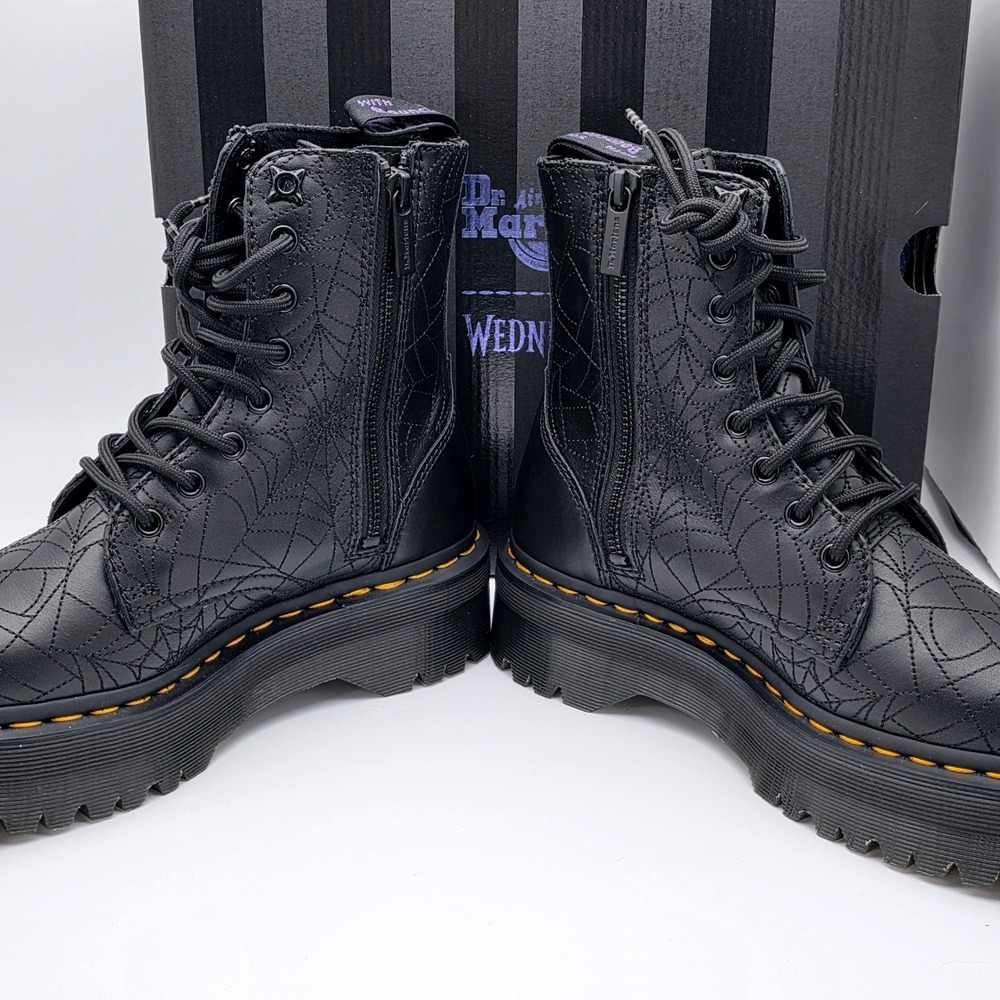 Dr. Martens Jadon Wednesday Addams Boots Womens 7 Black Spiderweb Nappa Lux New - Picture 10 of 15